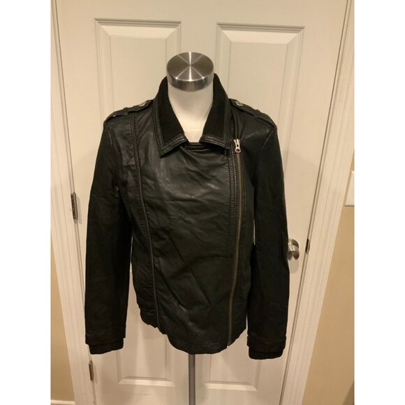 Free People Black Vegan Leather Collared Zip-Up Moto Jacket Size 12 - Picture 1 of 8